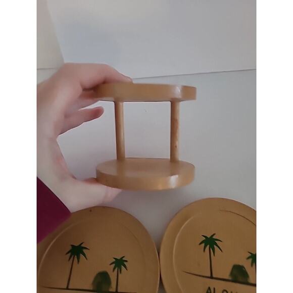 Hawaii Aloha Coasters Wood Hand Painted Round Set of 6 Rack MCM Vintage Tiki - Picture 5 of 9